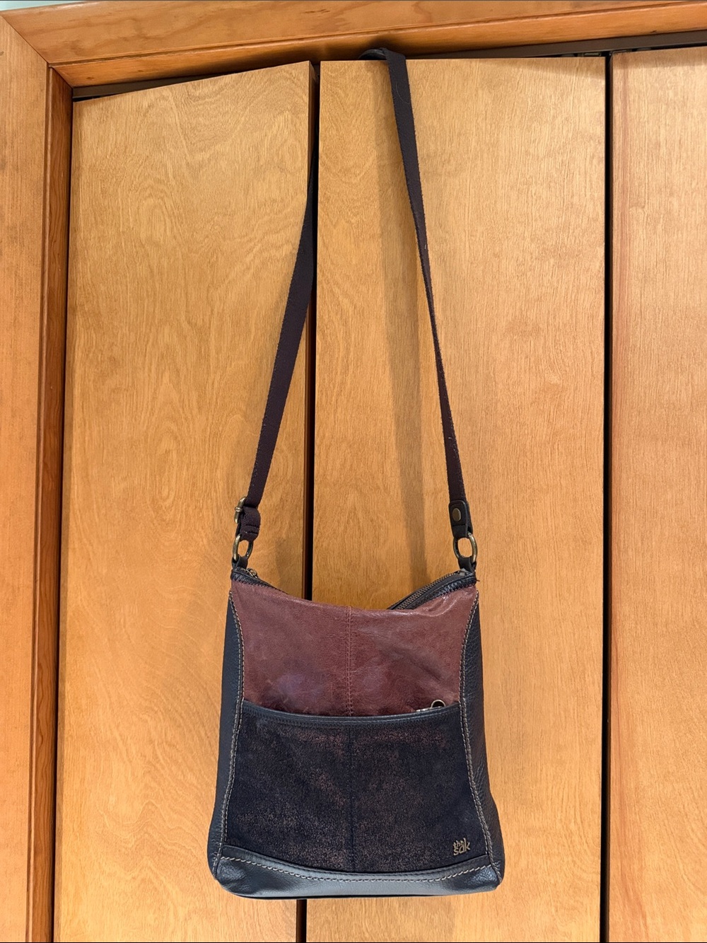 The Sak Iris Patchwork Two-Tone Metallic Chocolate Brown Leather Crossbody Boho
